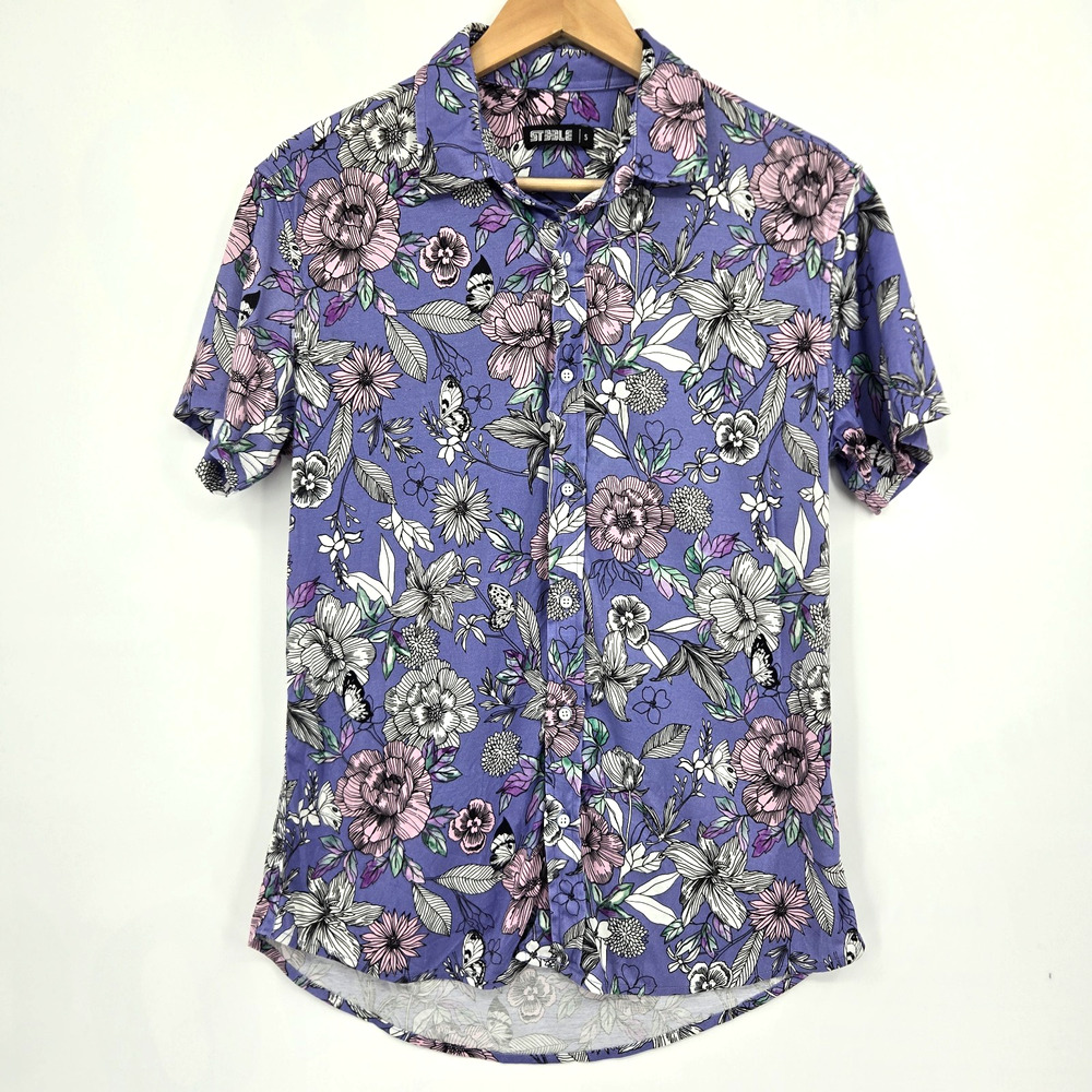 ST33LE Steele Floral Button Up Shirt Luxe Hawaiian Bold Resortwear Mens Size S
